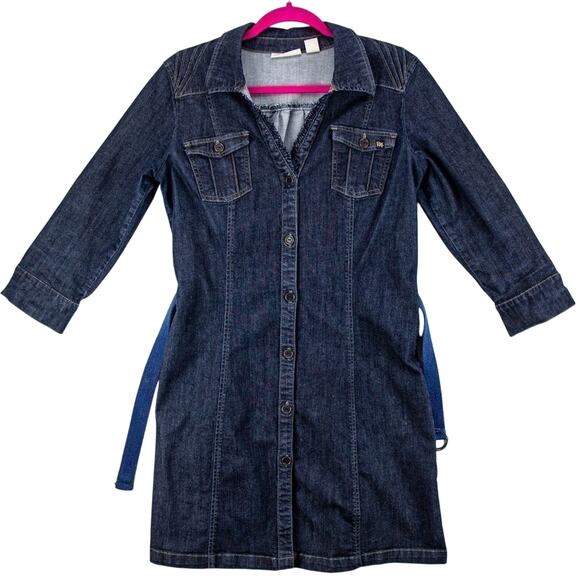 DKNY Large Women's Denim Dress Button-Up Front w/Belt Roll Tab Sleeves Blue - Picture 1 of 12